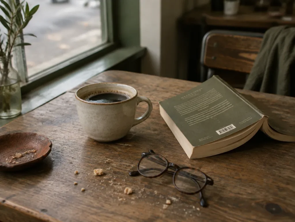 A coffee cup and open book on a slow cafe table