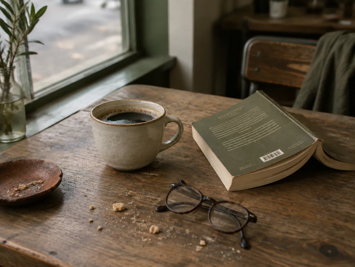 A coffee cup and open book on a slow cafe table