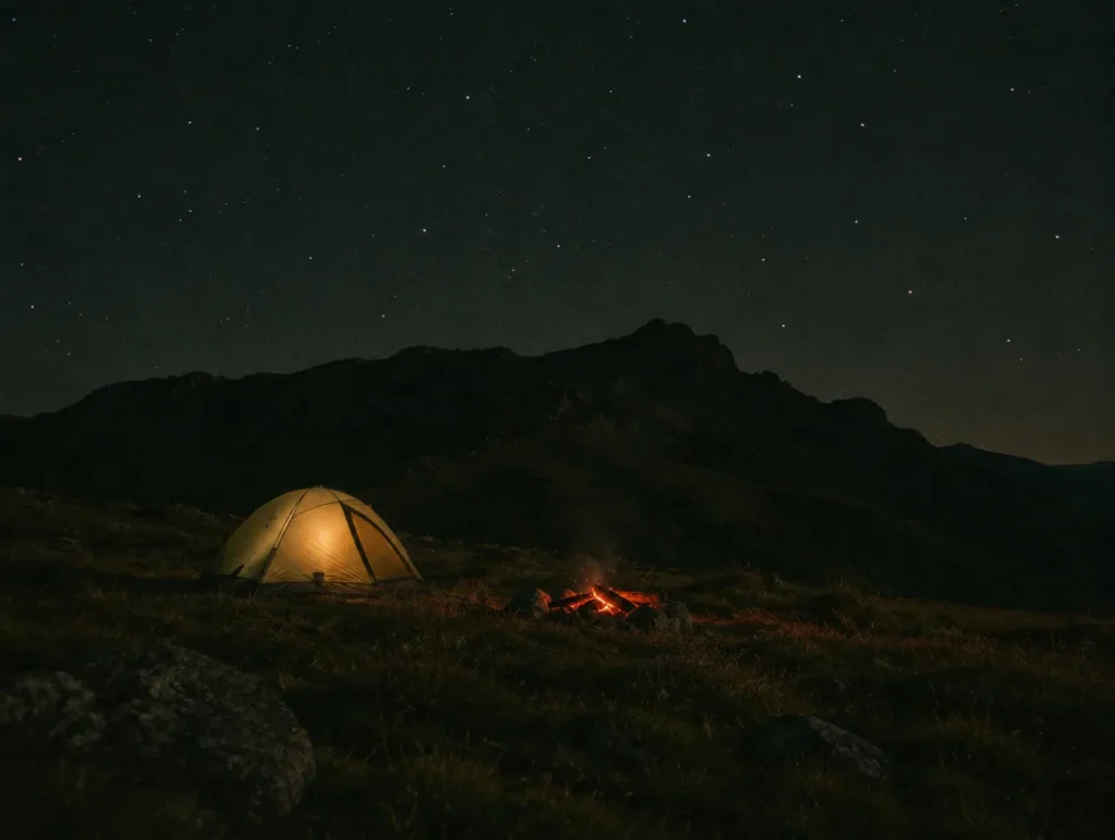 A tent and campfire under a ridgeline at night