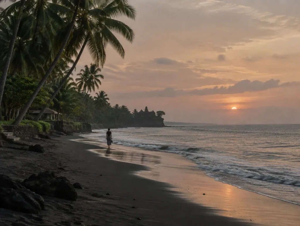 A calm coastline with palms at sunset