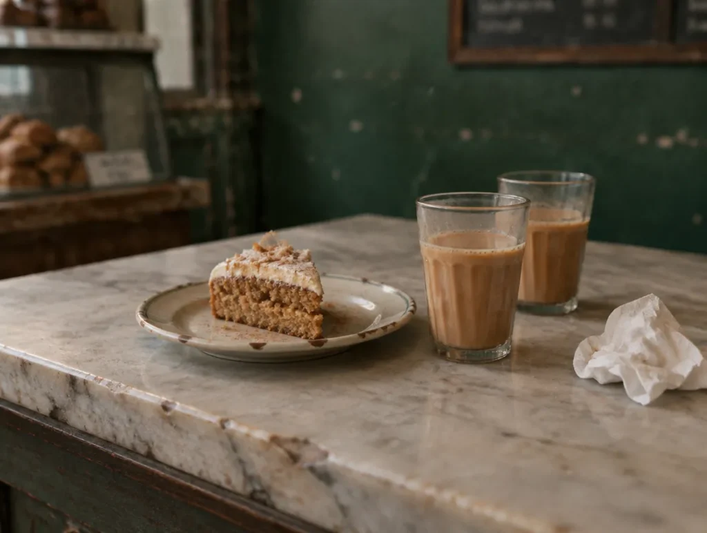 Cake and warm drinks on a dessert trail stop