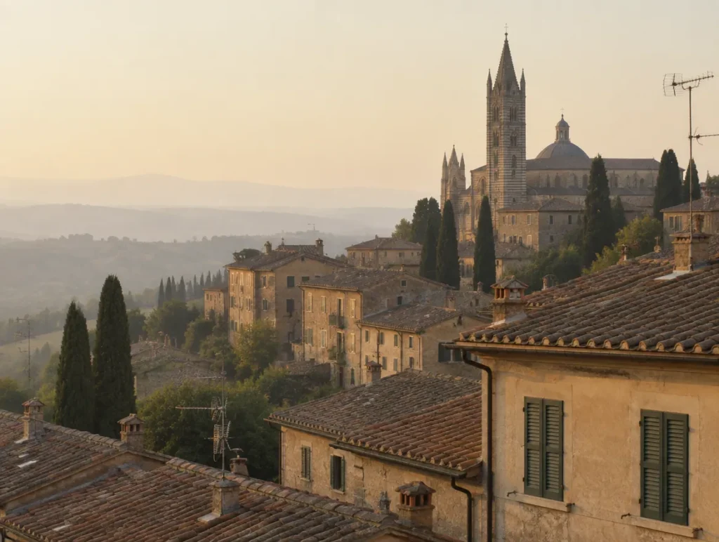 European rooftops and a cathedral spire at golden hour