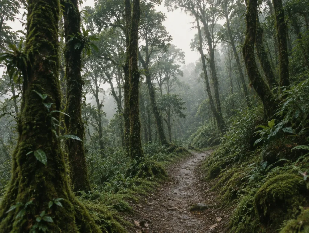A quiet forest trail between tall trees