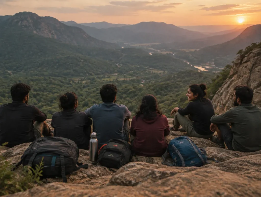 A small travel group resting together at a viewpoint