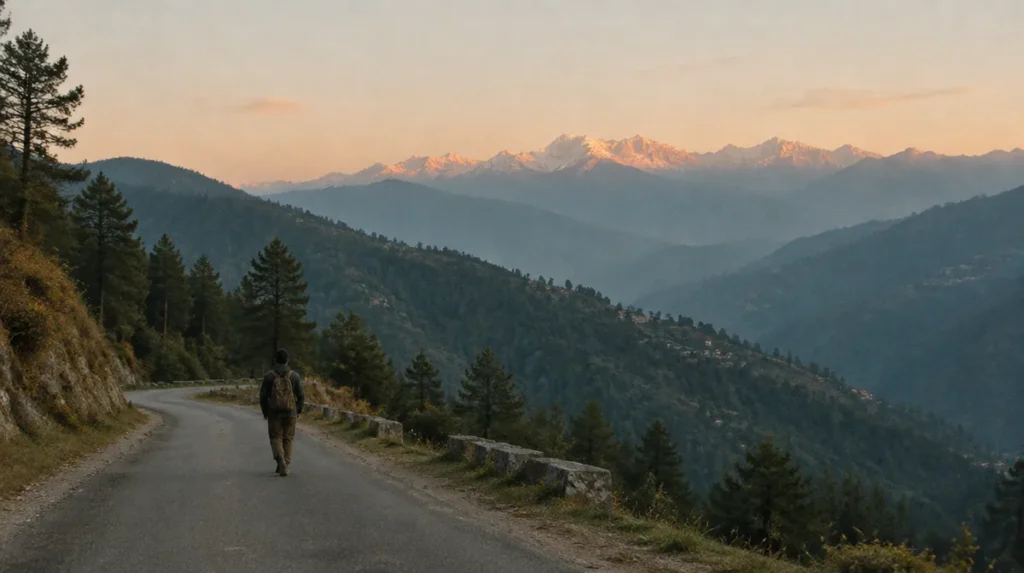 A traveller walking a quiet mountain road at dawn in Himachal