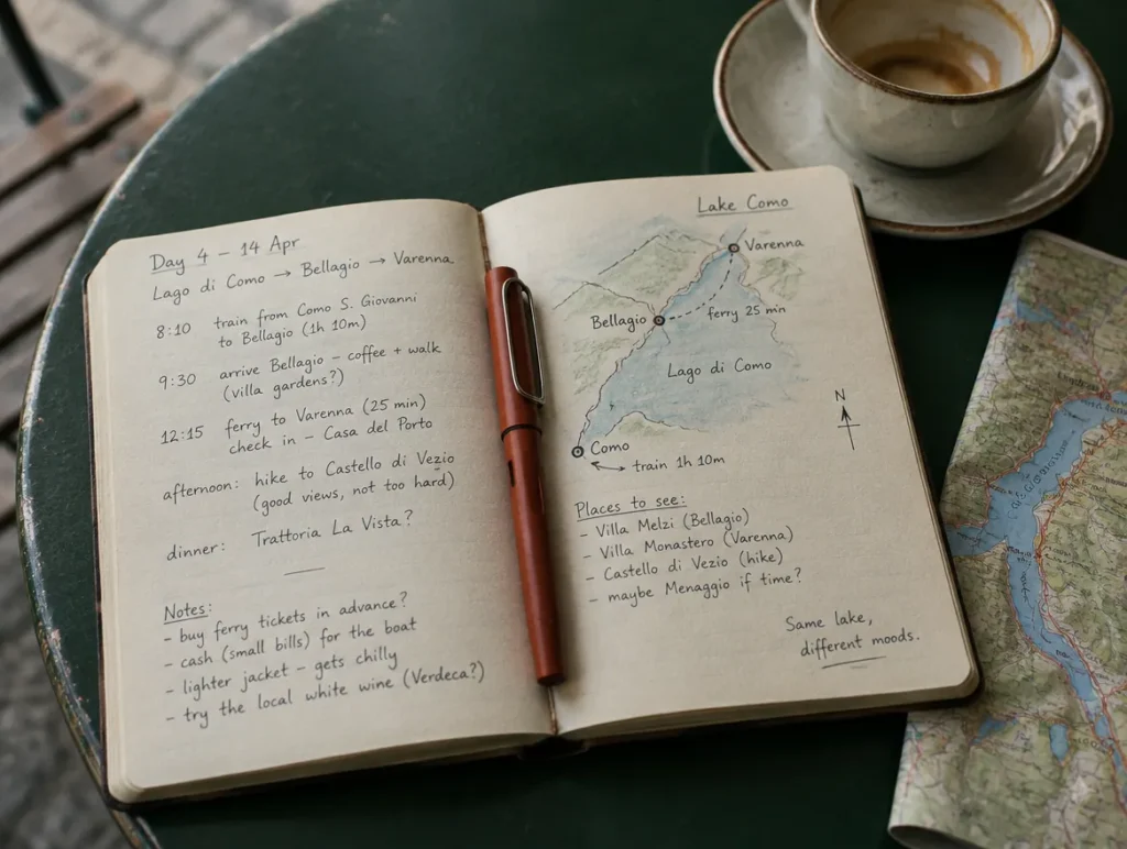 A traveller's open journal and coffee on a cafe table while planning a route