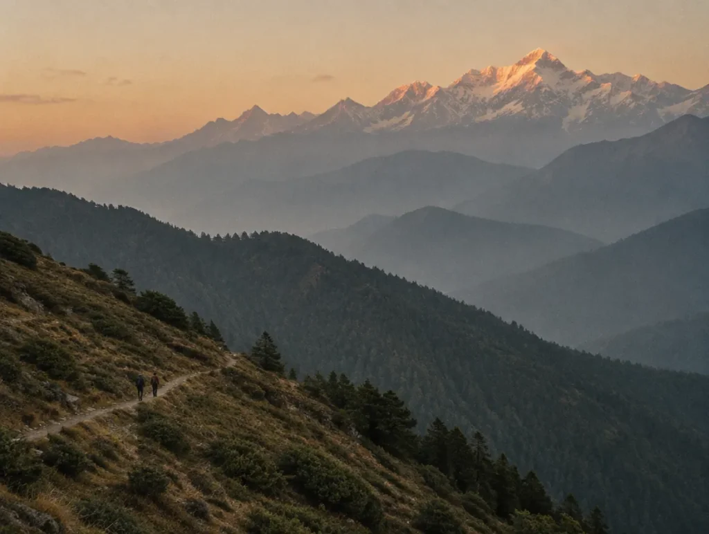 Layered mountain ridges above a hiking trail