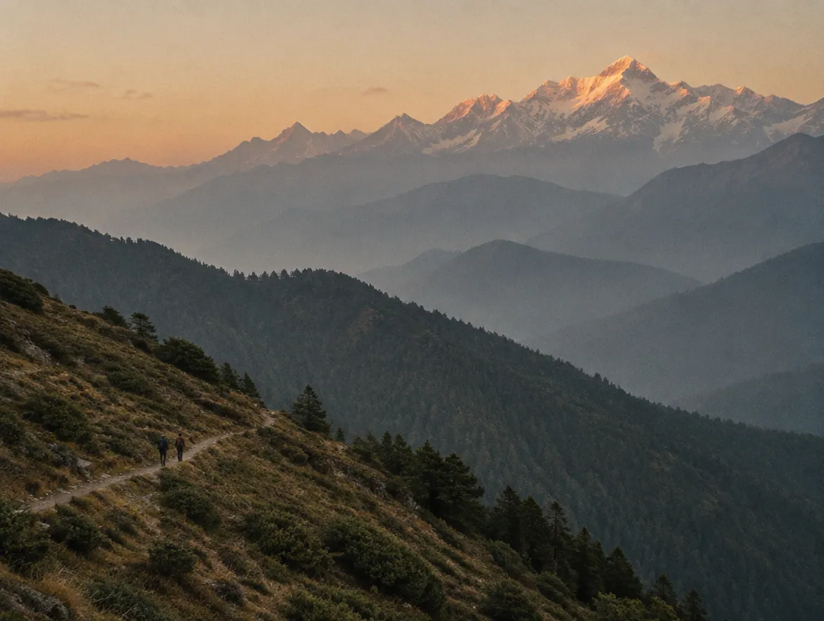 Layered mountain ridges above a hiking trail