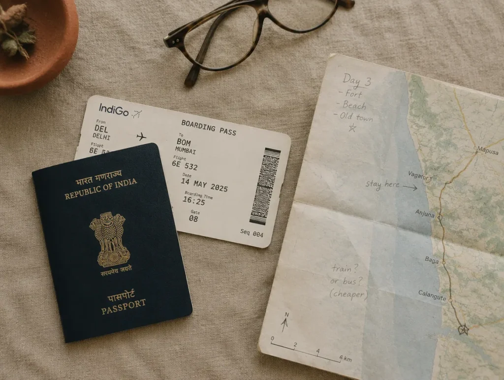 A passport, boarding pass and hand-marked map laid out during trip planning