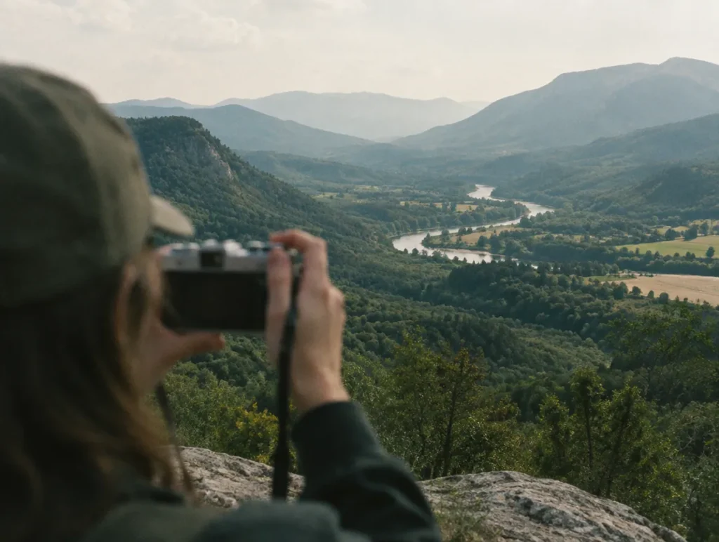 A camera framing a viewpoint at a photo spot