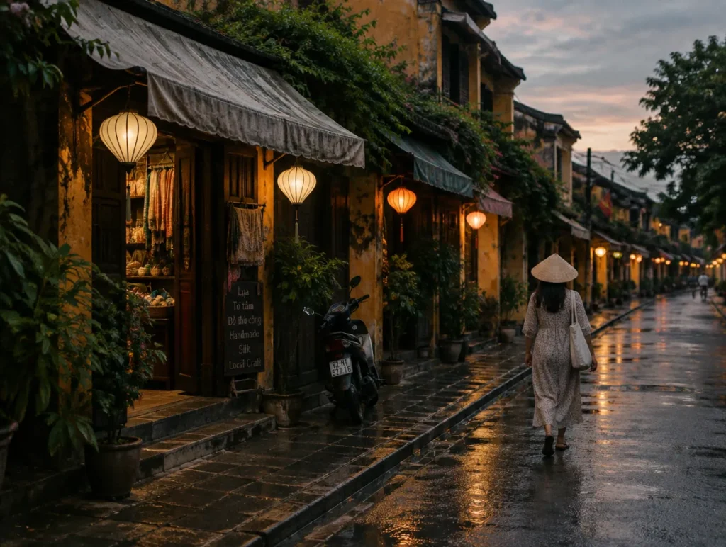 A local street of shopfronts with awnings in the evening