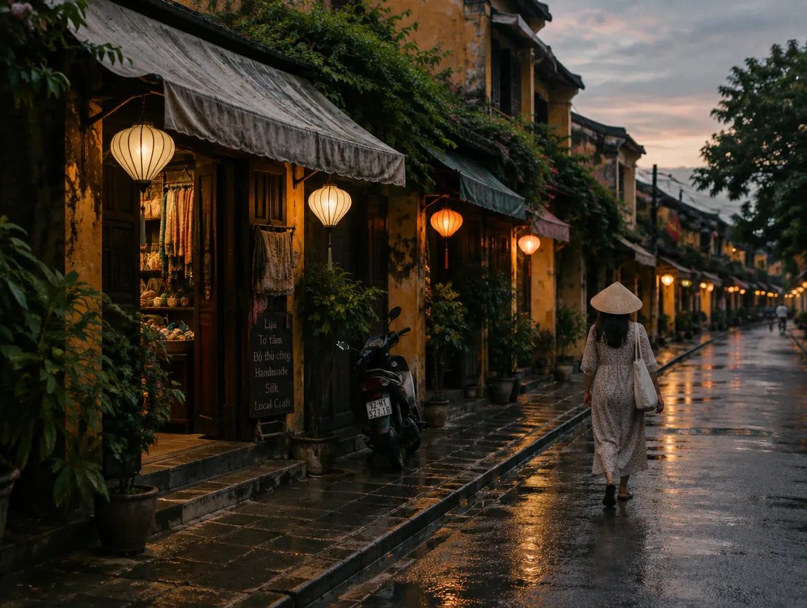 A local street of shopfronts with awnings in the evening